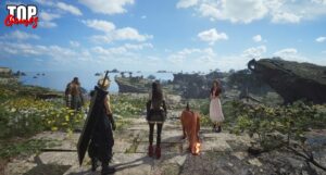 Il gruppo di Final Fantasy VII Rebirth cammina in un paesaggio aperto