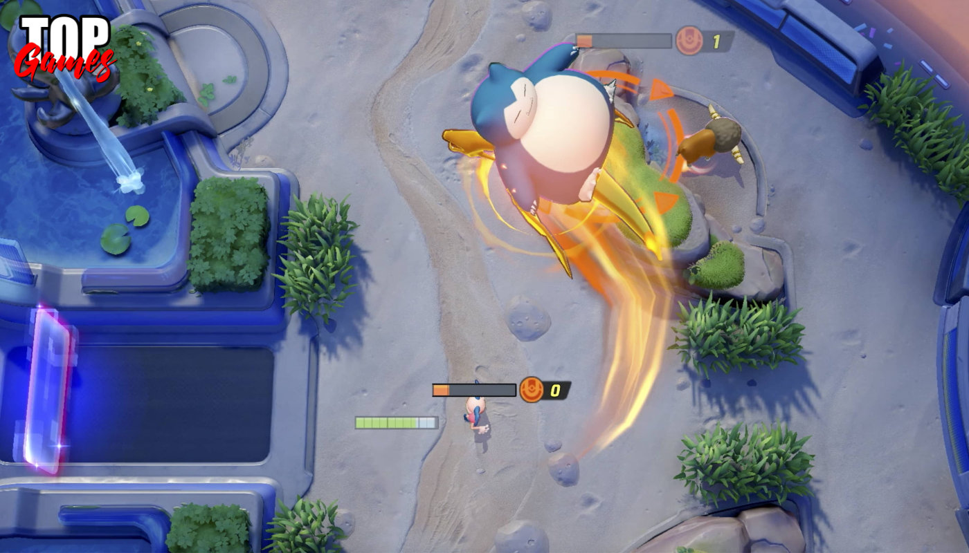 Una battaglia di Pokémon UNITE con i Pokémon nelle zone del campo