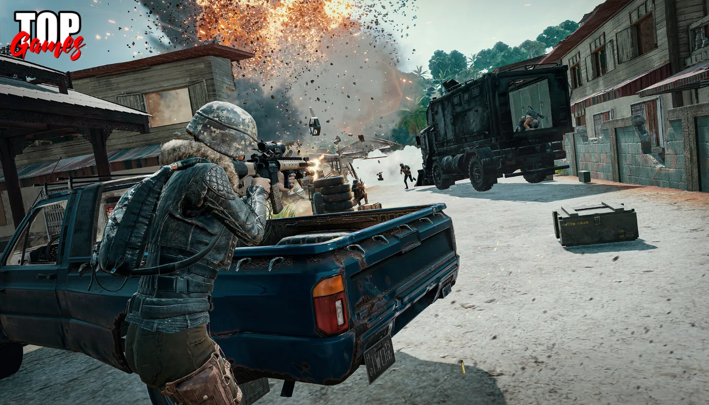 Un combattente spara da dietro un veicolo in una scena del videogioco PUBG Battlegrounds