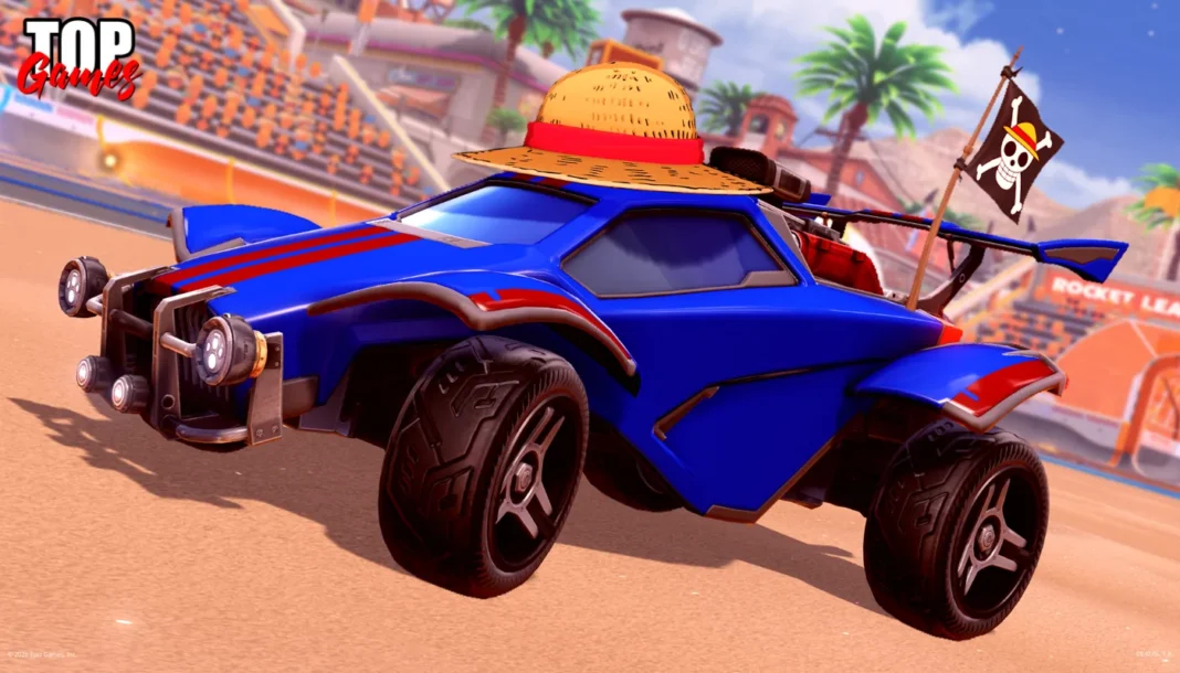 Rocket League One Piece porta il cappello di Rufy in campo Rocket League One Piece auto blu con cappello di paglia e bandiera della ciurma