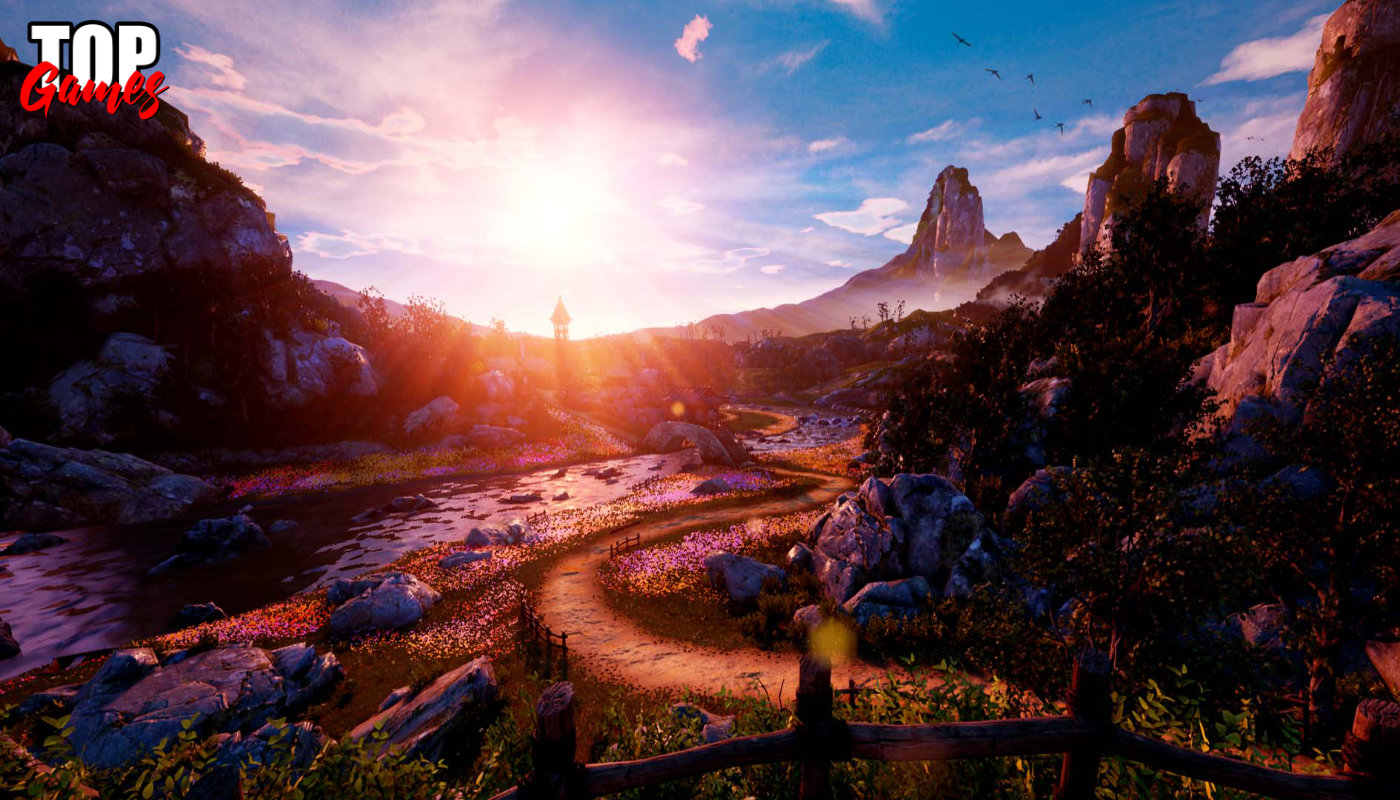 Paesaggio al tramonto con montagne e fiume in Shenmue 3 originale