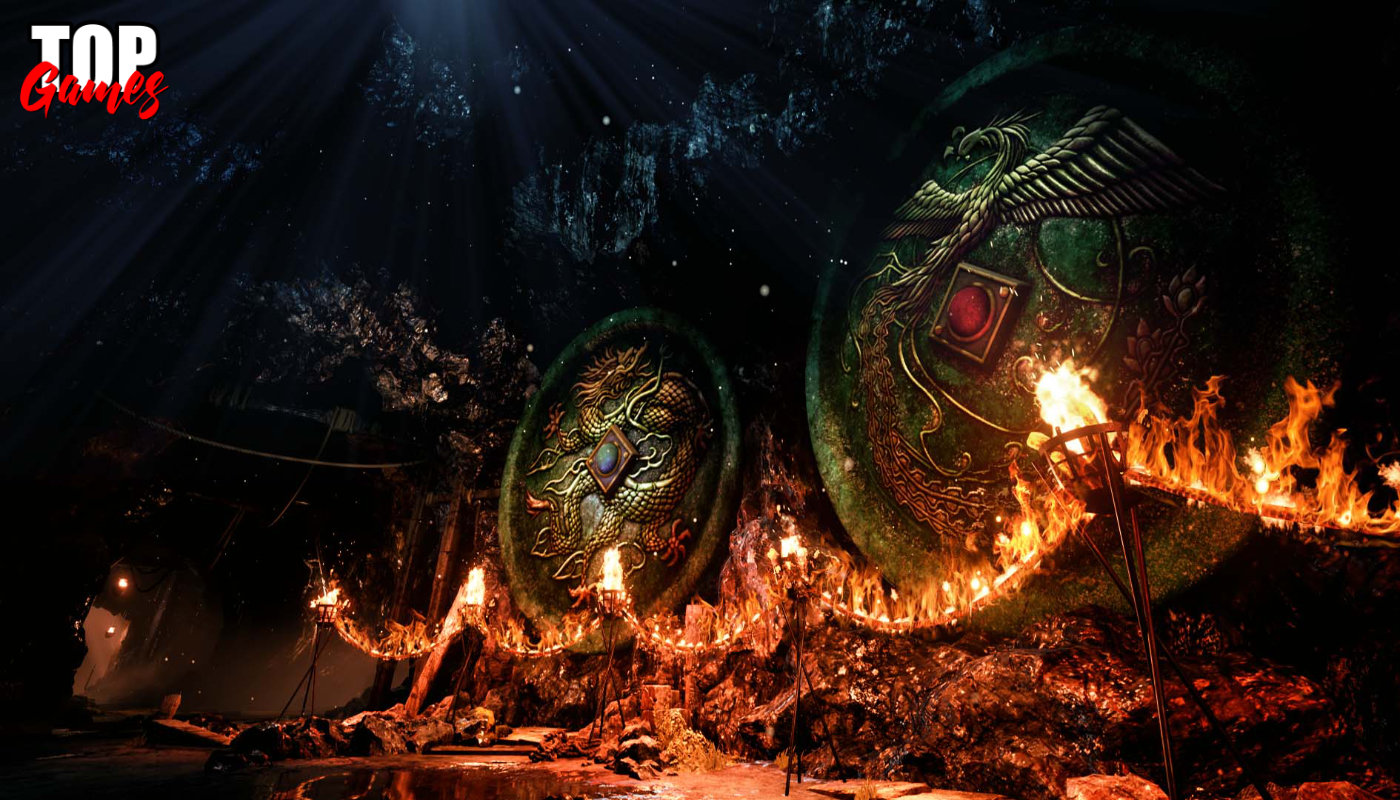 Simboli del drago e della fenice illuminati dalle fiamme in Shenmue 3 originale