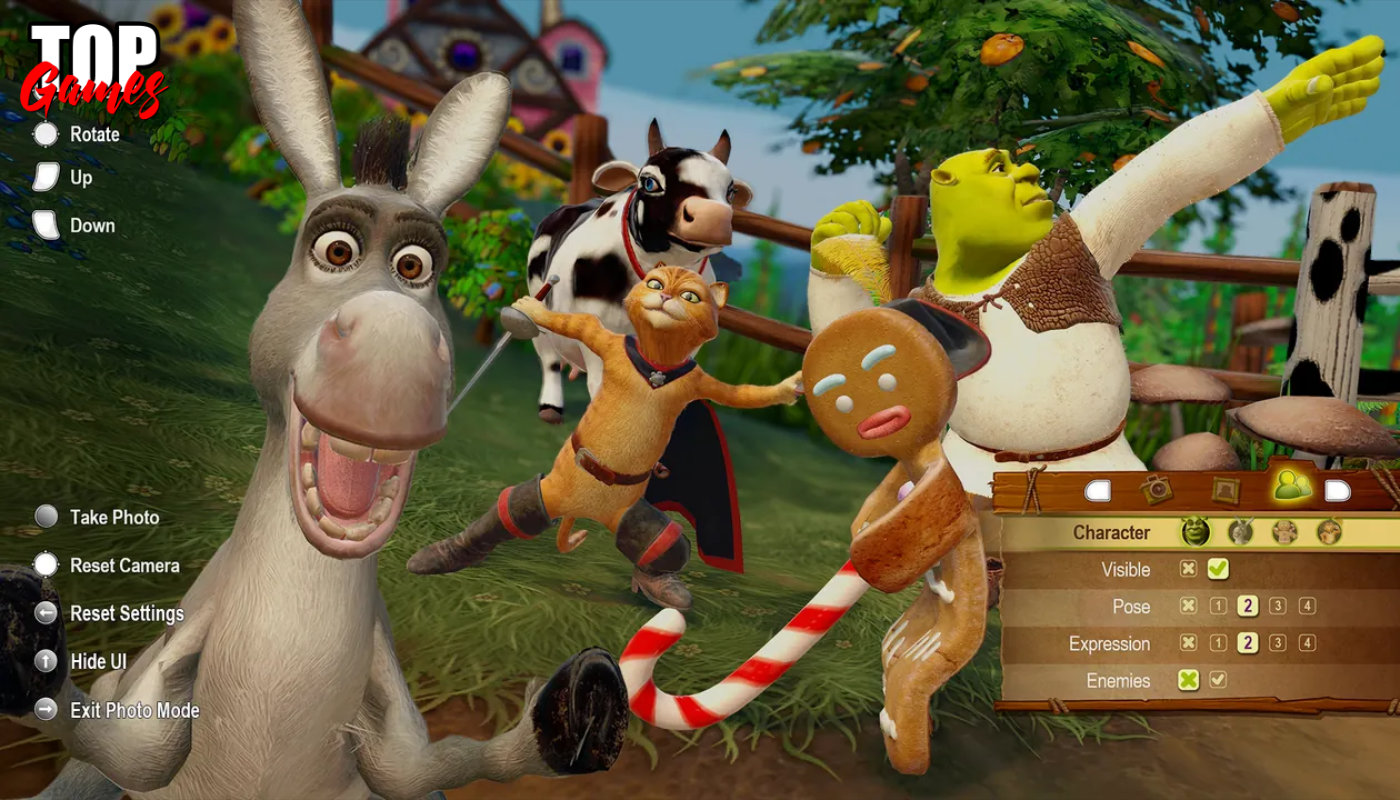 Shrek 2 Remastered con i personaggi in posa nella modalità foto