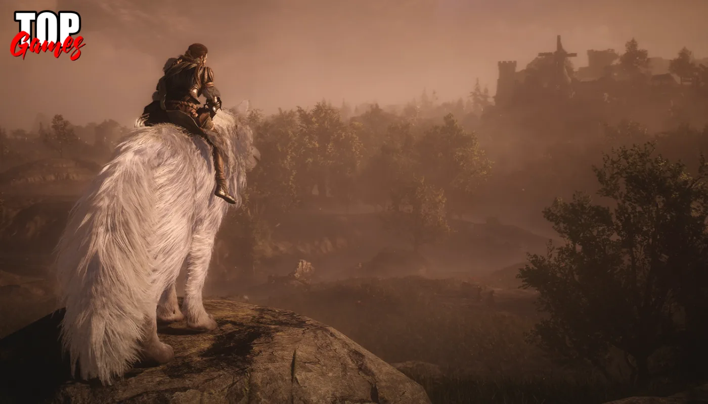 Soulframe un personaggio sul lupo bianco Omen Wolf osserva il paesaggio