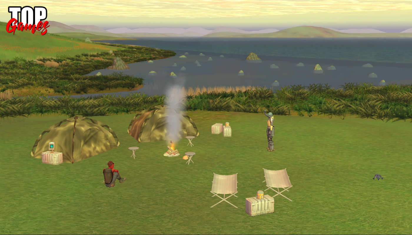 Tende e personaggi vicino a un lago in Star Wars Galaxies Restoration