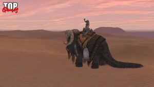 Un personaggio in sella a un bantha nel deserto di Star Wars Galaxies Restoration