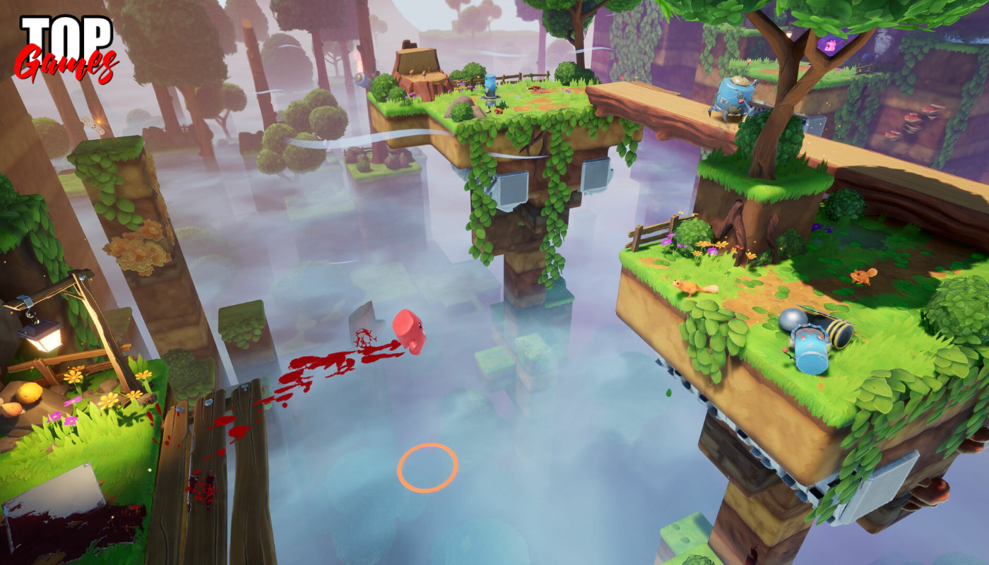 Meat Boy salta fra piattaforme e alberi in Super Meat Boy 3D