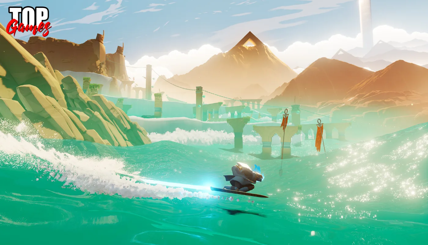 Il protagonista di Sword of the Sea fa surf sulle onde turchesi tra le rovine