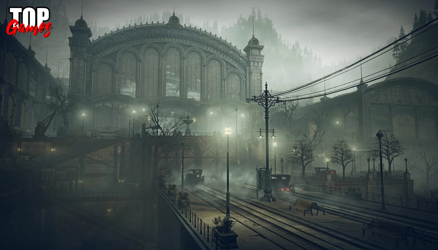 Strade e stazione avvolte nella nebbia in The Duskbloods