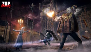 Combattenti di The Duskbloods si affrontano davanti a una torre con orologio