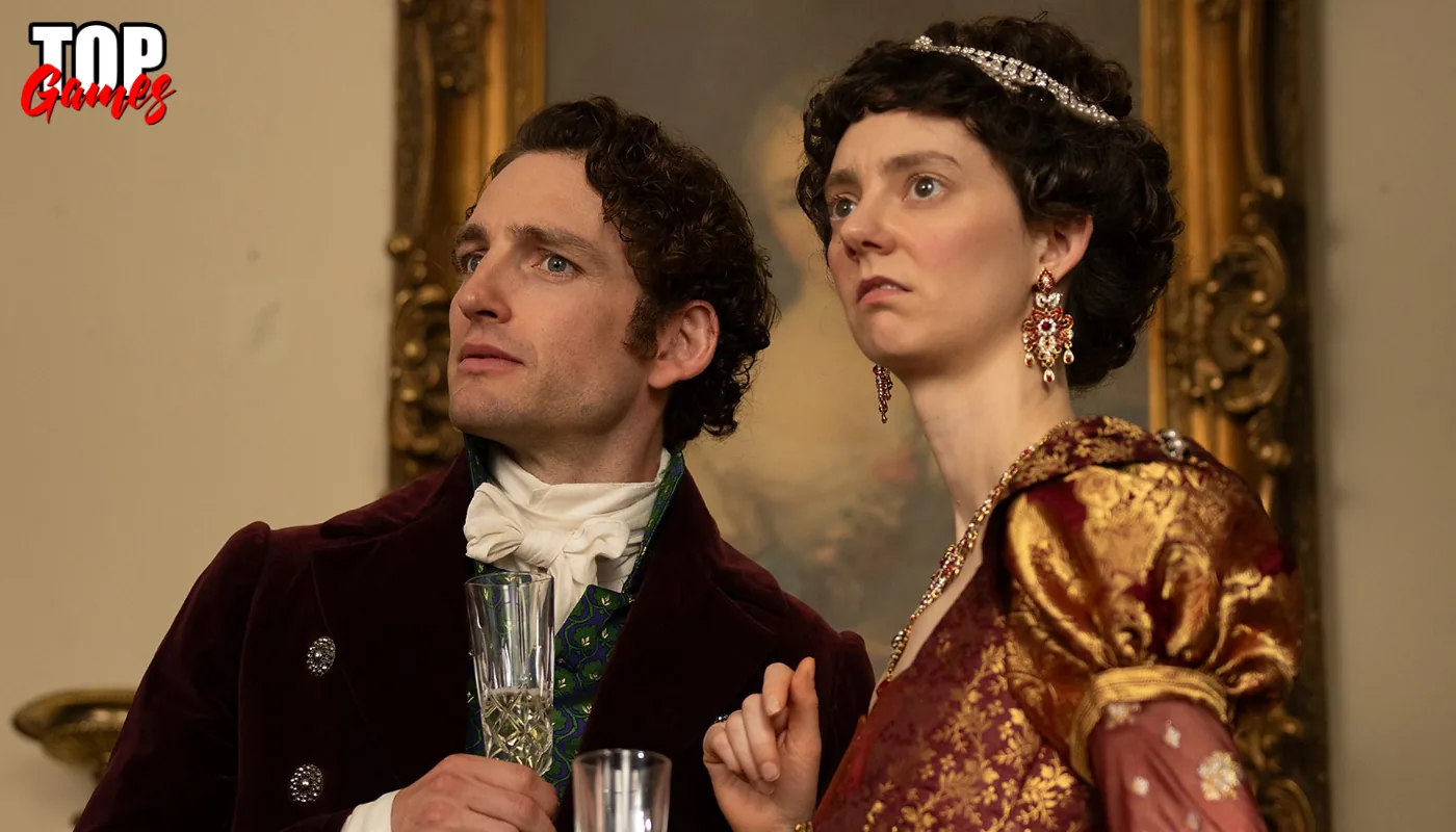Caroline Bingley e il signor Ryder con due calici in The Other Bennet Sister