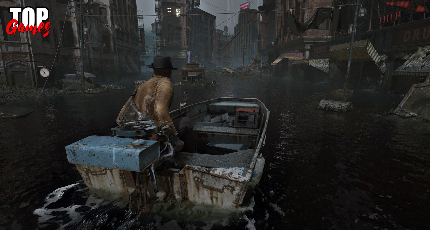Un uomo su una barca nelle strade allagate di The Sinking City 2 tra i videogiochi da rivalutare