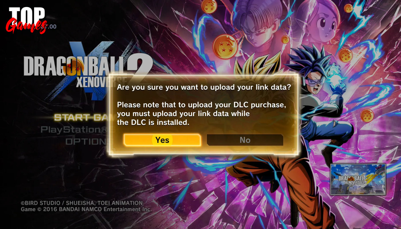 Schermata di conferma per caricare i Link Data di Xenoverse 2