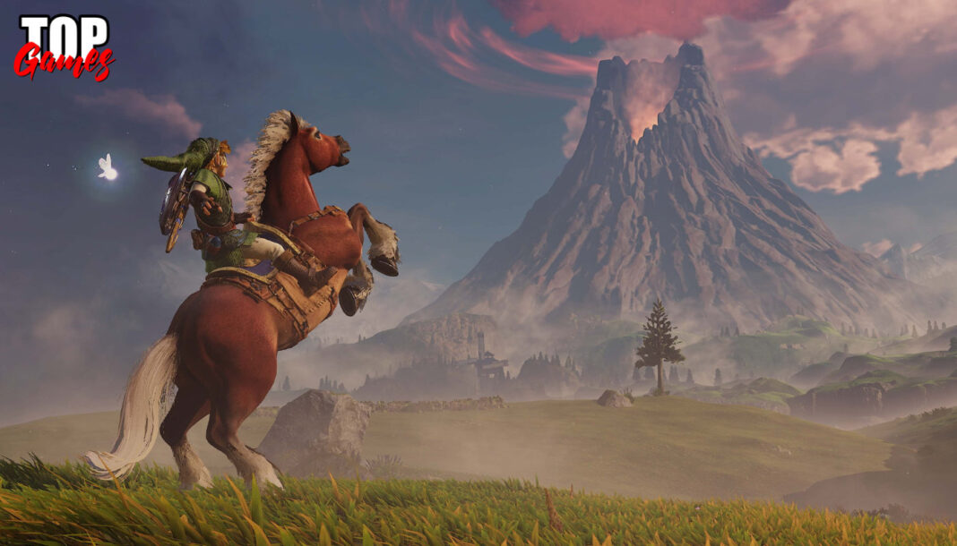 Link in sella a Epona davanti al Monte Morte in Zelda Ocarina of Time