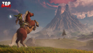 Link in sella a Epona davanti al Monte Morte in Zelda Ocarina of Time