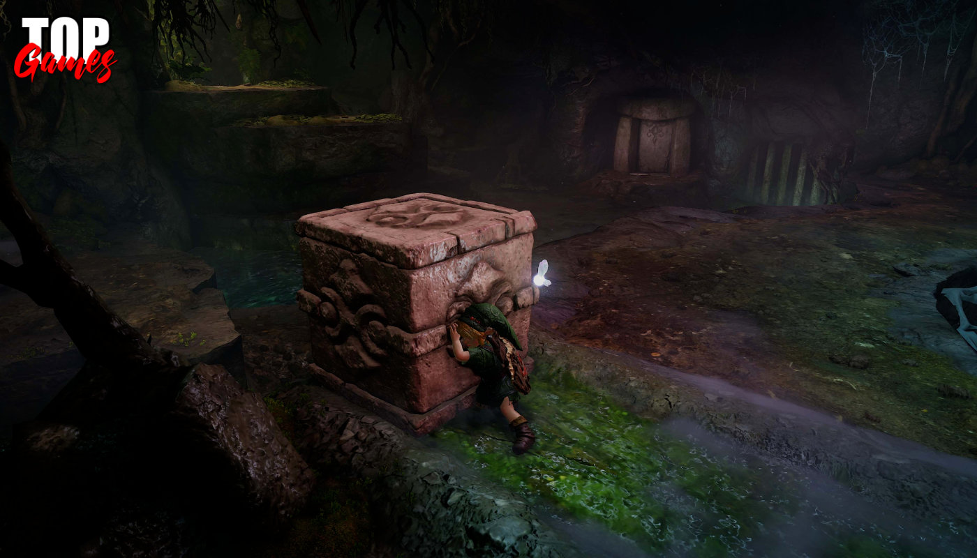 Link spinge un grande blocco di pietra in un dungeon di Ocarina of Time