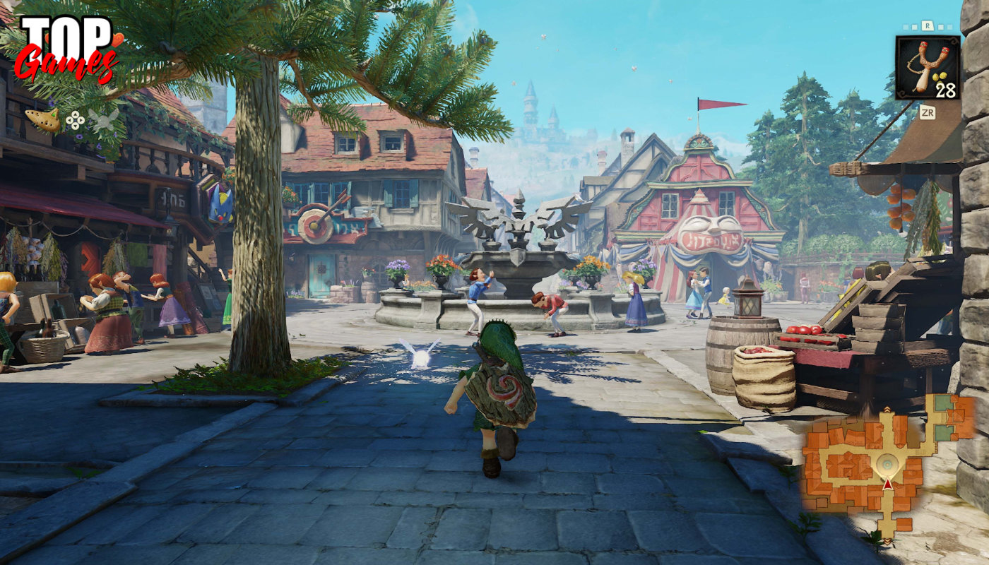 La città di Hyrule con edifici alberi e abitanti in Ocarina of Time