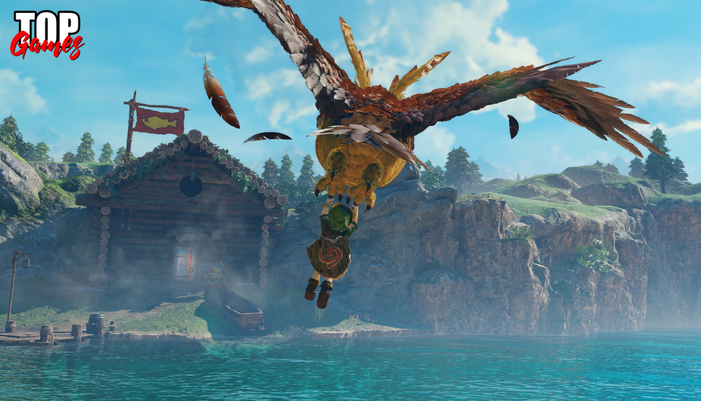 Link si aggrappa a un grande gufo in volo sopra il lago di Hyrule