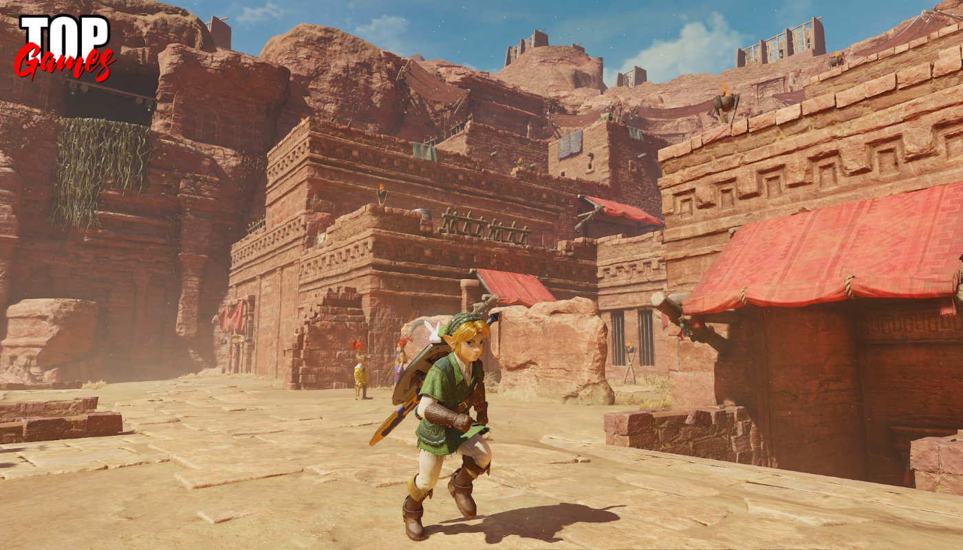Link esplora un villaggio dalle case colorate in Zelda Ocarina of Time